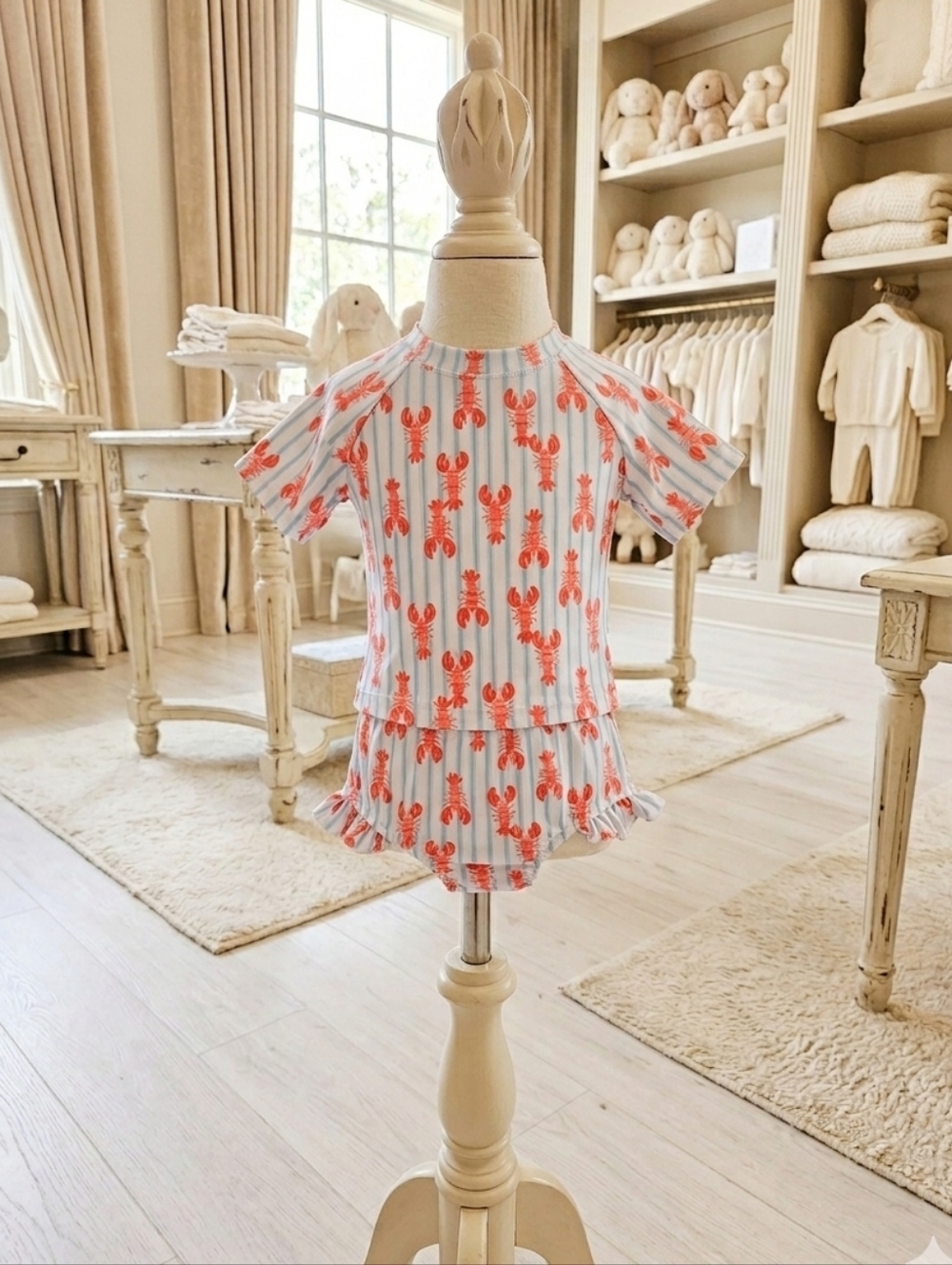 Southern Smocked Company Lobster 2pc Swimsuit Blue/White Stripe 12M